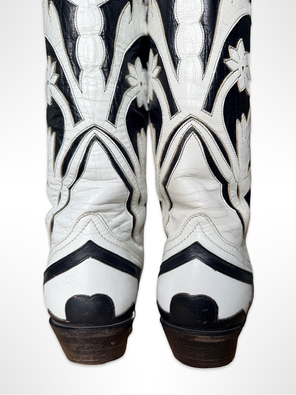 Vintage Custom El Paso Cowboy Boots Black White Floral Inlay Peewee Womens 8.5 - Picture 3 of 10